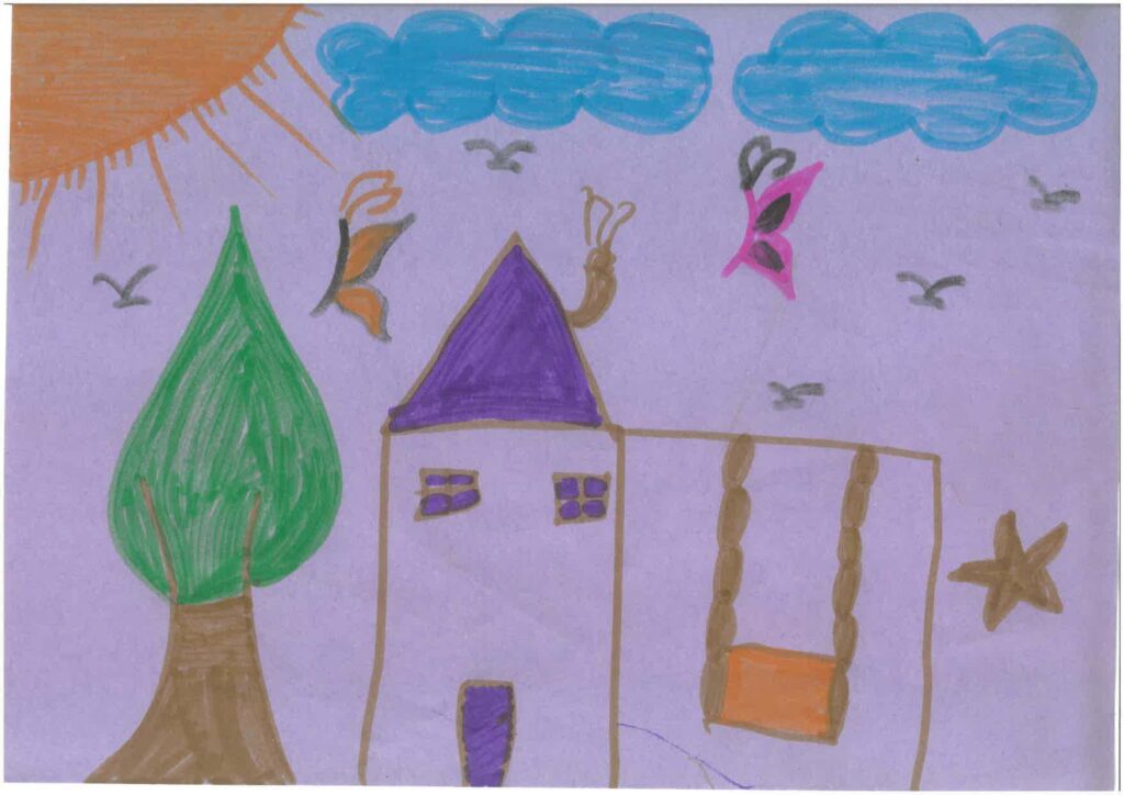 DIBUJO CASA Y MARIPOSAS NIÑOS DE GAZA