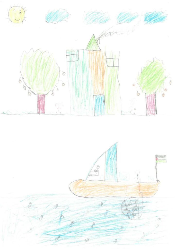 DIBUJO CASA Y PESCADOR NIÑOS DE GAZA