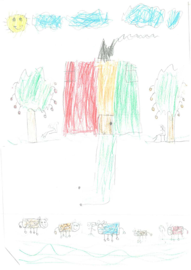 DIBUJO CASA Y VACAS NIÑOS DE GAZA